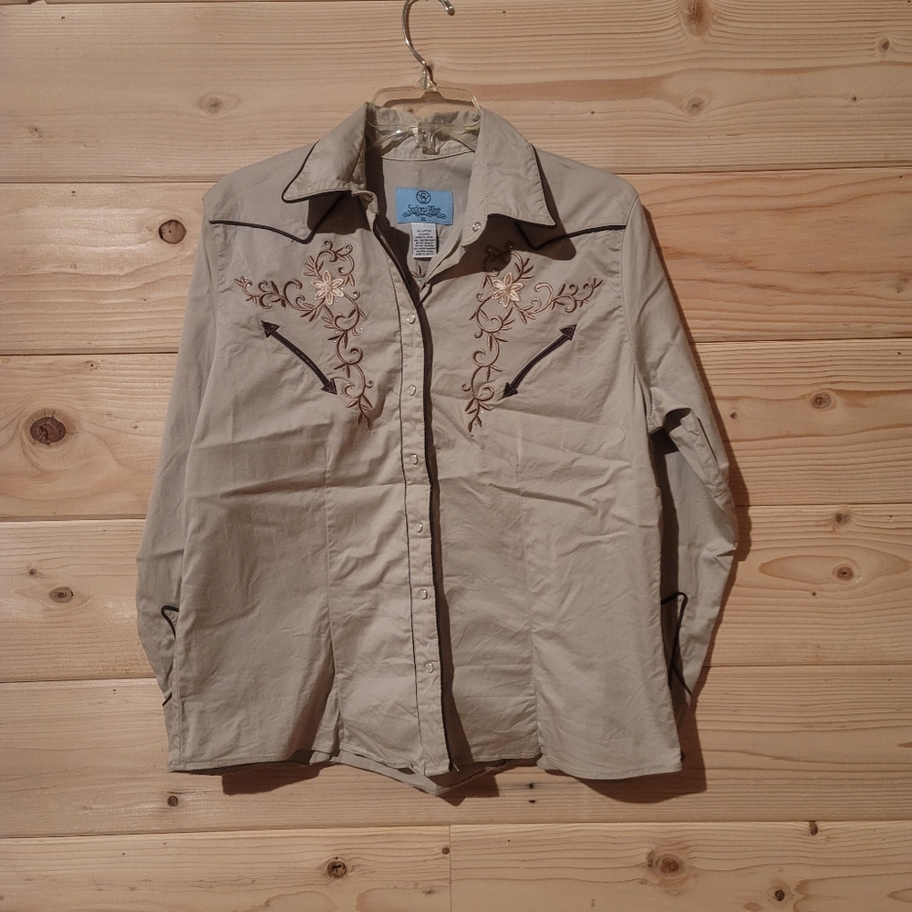 Women's Sedona West Embroidered Cream Button Down Shirt Size XL 21x25